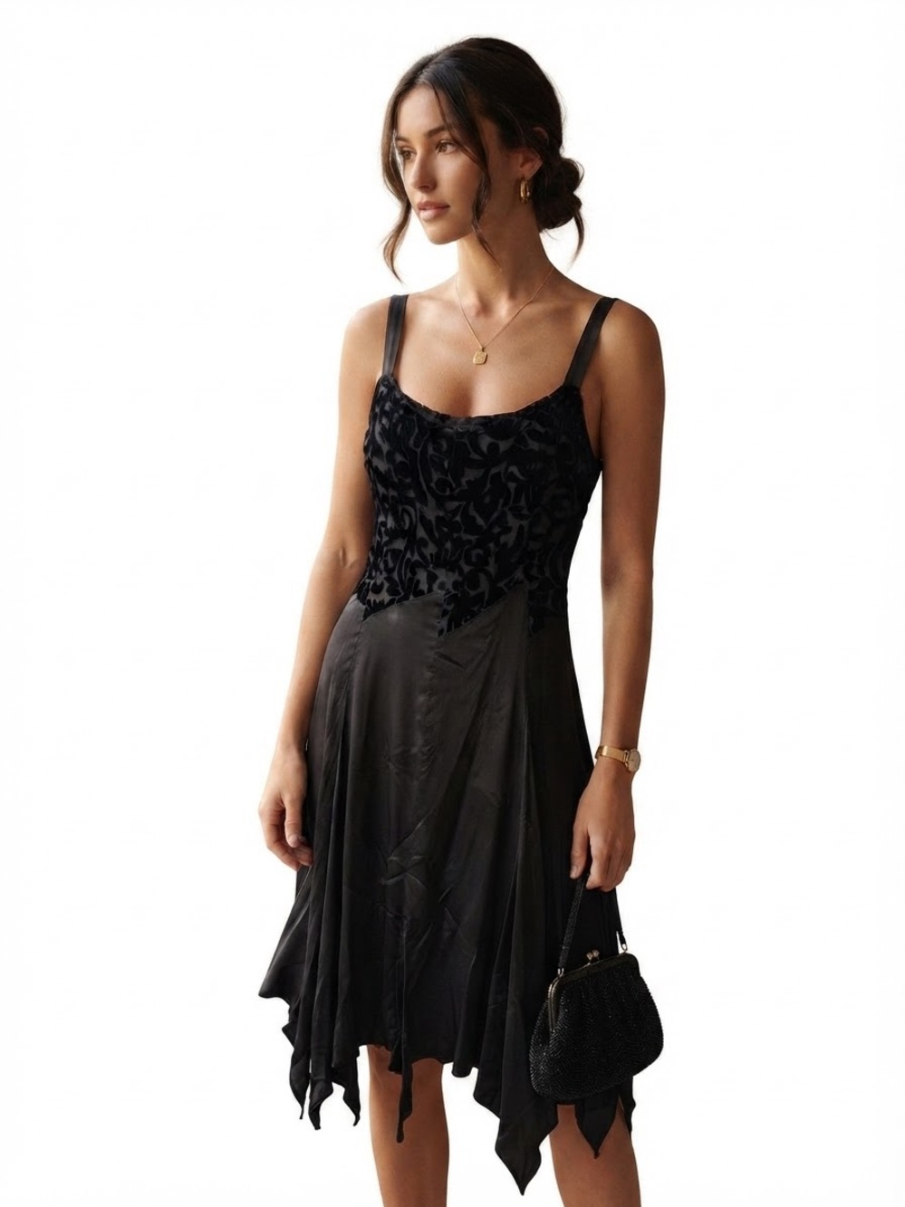 zoe Vintage Black Velvet & Satin Asymmetrical Hem Midi Dress